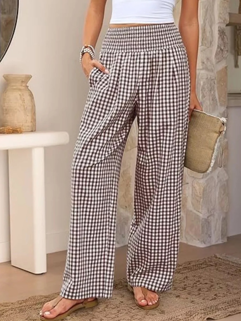 NEW! ANRABESS Womens Striped Gingham Wide Leg Palazzo Pants with Pockets Small